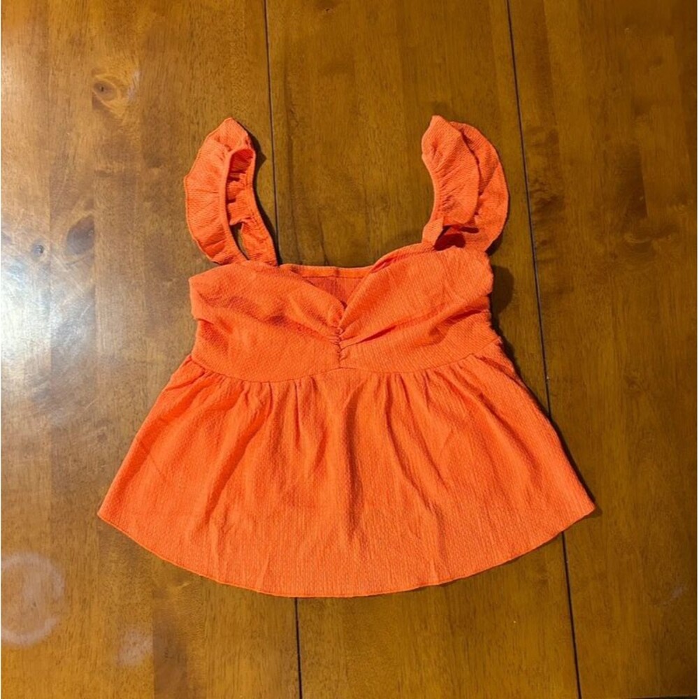 Lyaner Orange Smocked Ruffle Strap Peplum Tank Top Medium